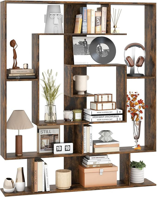 Giantex 7-Tier Geometric Bookshelf, Modern Bookcase with Open Shelves, Freestanding Display Shelf with Anti-Tip Kit, Storage Rack for Living Room Bedroom Study, 49.5''L x 8.5''W x 59''H (Rustic Brown)