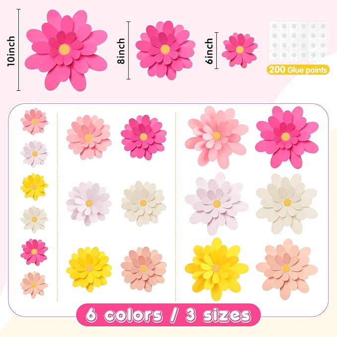 18 Pcs Paper Flowers Decorations for Wall DIY Flower Bulletin Board 3D Fiesta Paper Floral Backdrop Decoration for Photo Backdrop Classroom Back to School Party(Elegant Colors)