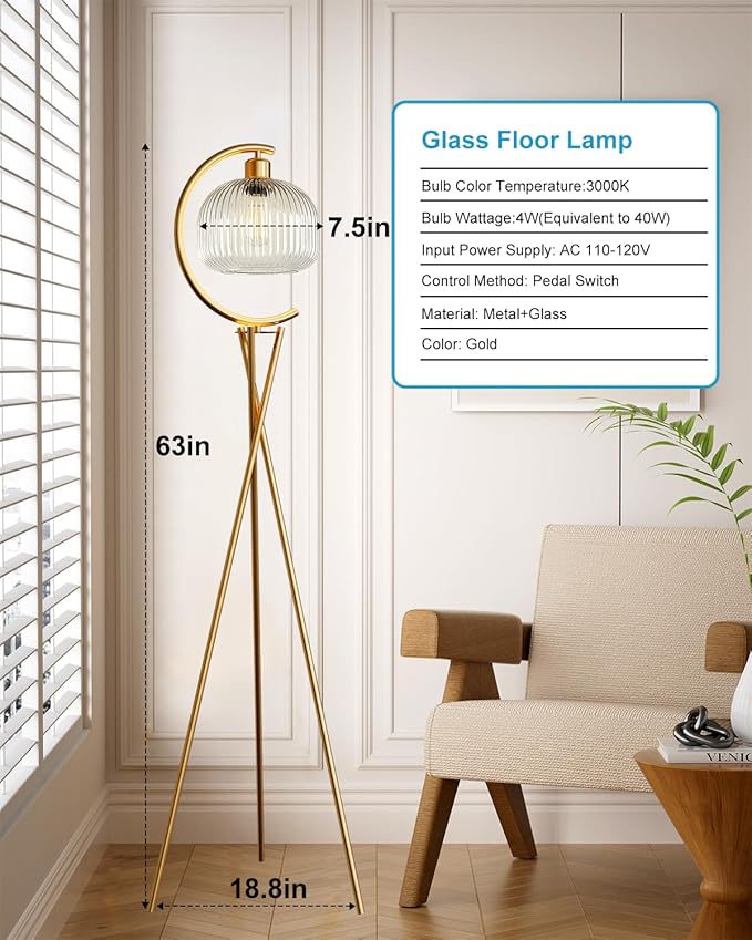 Lightdot Tripod Floor Lamp for Living Room, Gold Standing Lamp with Clear Glass Lampshade, Farmhouse Tall Lamp for Bedroom, Arced Reading Light for Home Office/Sofa Beside/Corner Decor(Bulb Included)