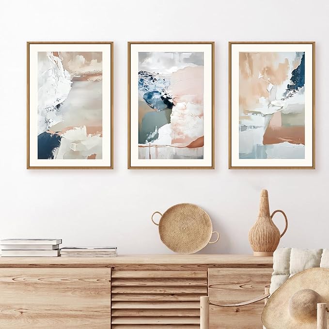Large Abstract Brush Strokes Framed Canvas Wall Art,Neutral Navy Blue Wall Decor,Modern Pastel Wall Painting,Grey White Toned Artwork for Living Room,Bedroom,Dining Room,Office -24"x36"x3