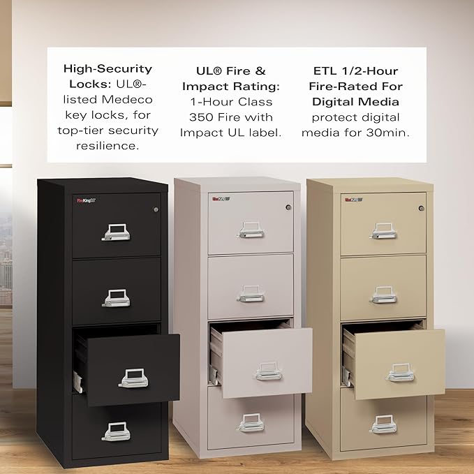 FireKing Fireproof Vertical File Cabinet (4 Letter Sized Drawers, Impact Resistant, Waterproof), 52.25" H Black, 18 W x 25 D, (41825CBL)