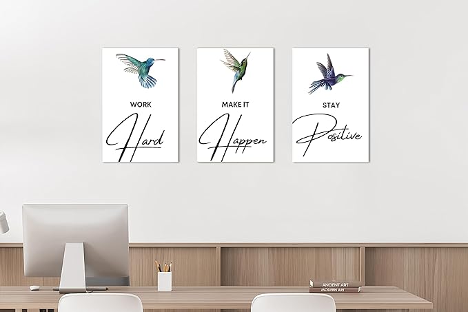 3 Piece Office Canvas Wall Art, Hummingbird Motivational Quotes Canvas Print Pictures Wall Decor for Office, Men Women Inspirational Framed Artwork Home Office Decor 12"x18" x 3 Pcs