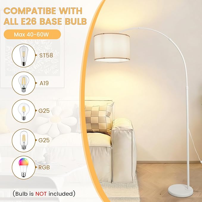 White Arc Floor Lamp with Marble Base, Modern Standing Floor Lamp with Adjustable Height Rotating Head, Tall Pole Lamp with Linen Shade, Over Couch Reading Light for Living Room Bedroom Office Corner