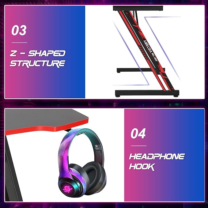 BestOffice Gmaing Desk Z Shaped 47 inch PC Computer Desk Computer Workstation Ergonomic Gaming Table with Headphone Hook for Game Players, Red