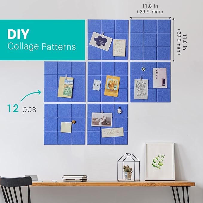 Cork Board for Walls 48" x 36", Bulletin Board for Office Decor, 12 Pack Felt Wall Tiles with Safe Removable Adhesive, Pin Tack Corkboard for Quilting Design & Dart Wall Protector - Sky Blue