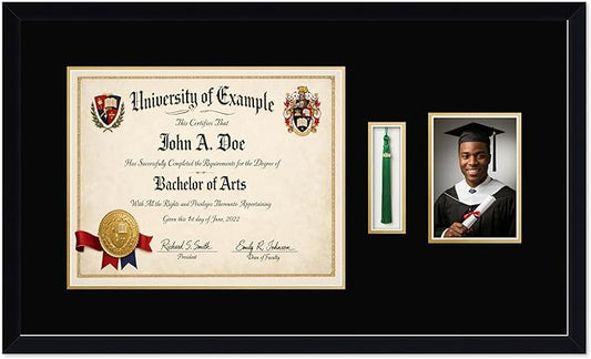 CountryArtHouse Diploma Tassel and Photo Shadowbox Fits 15 x 12 Military/Government with Tassel Hook and 5 Matte Black Genuine Hardwood with Black Over Metallic Gold Double mat