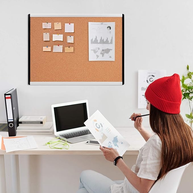 Amazon Basics Cork BulletinBoard, 23" x 17", Pin Board for Office & Home with Aluminum/Plastic Frame, 1 Pack