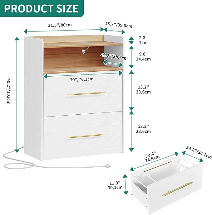 YITAHOME 2 Drawer File Cabinet with Charging Station Printer Stand with Open Storage Shelf Vertical File Cabinets for Home Office Bedroom, Living Room