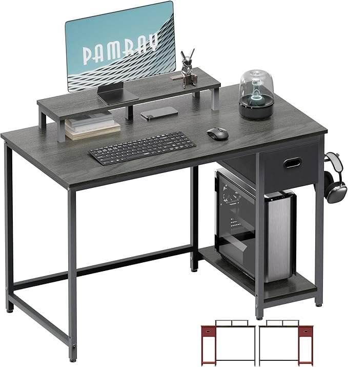 Pamray 39 Inch Computer Desk with Monitor Stand Small Home Office Desks with Non-Woven Storage Drawer for Bedroom Study Table Writing and Work Desk Espresso Gray,Gray Leg