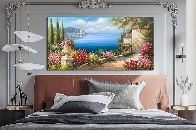 Arjun Landscape Wall Art Mediterranean Seascape Painting Tree Pink Flower Blue Ocean Picture Modern Scenery Green Artwork Large Framed for Living Room Bedroom Bathroom Home Office Wall Decor, 48"x24"