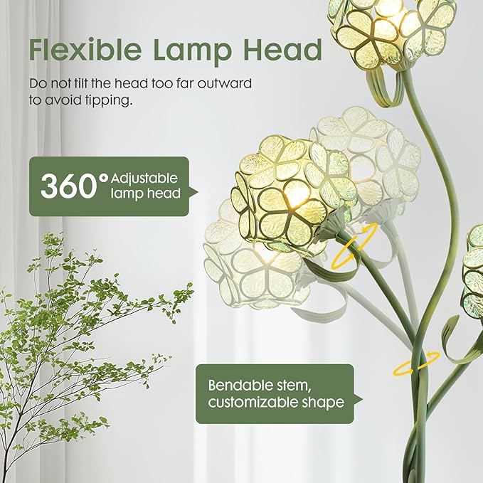 Vintage Tiffany Floral LED Floor Lamp for Living Room, Tall Green Standing Lamp with Adjustable Heads, Unique Flower Light for Bedroom, Artistic Standing Light for Girls Kids Nursery Room Decor