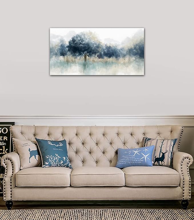 yearainn Foggy Forest Canvas Wall Art - Indigo Blue Abstract Trees Pictures for Wall Decor Nature Canvas Painting Modern Printing Artwork for Living Room Bedroom Home Office Wall Decoration 20" x 40"