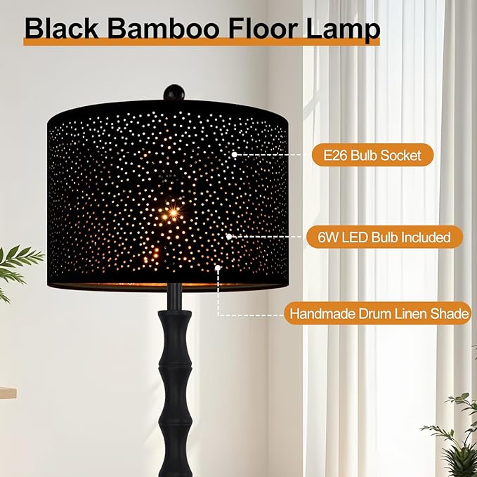 Gothic Black Floor Lamp for Living Room Bedroom,Vintage Standing Tall Lamp with Drum Lampshade,Farmhouse Unique Floor Lamps,Modern Mid Century Iron Floor Lamp for Office Corner(Bulb Included)