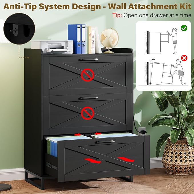 File Cabinet with 3 Drawers, Lateral File Cabinet for Letter/Legal/A4 Size Hanging Files, Large Wood File Storage Cabinets Printer Stand for Home Office, Black