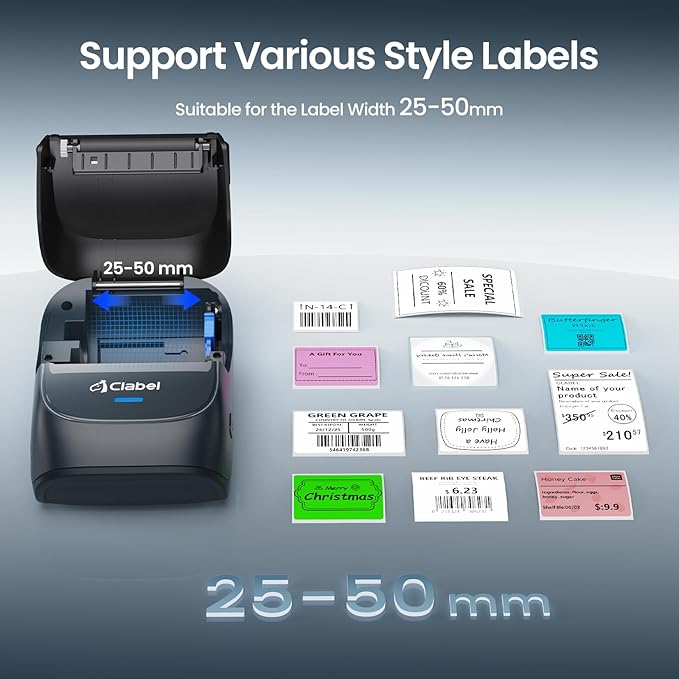CLABEL Label Maker Machine with Tape, 221B Thermal Bluetooth Label Printer 2 Inch Portable Barcode Inkless Sticker for Small Business, Retail Office,Office, Home, Came with 1 Roll Label (Blue)