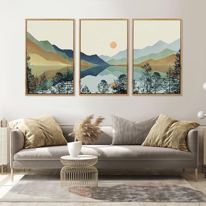 CHDITB Mountain Sun Forest Framed Art Prints(Set of 3, 24”x36”), Boho Watercolor Nature Landscape Canvas Artwork Painting, Abstract Foggy National Park Scenery Poster Decor for Living Room Bedroom