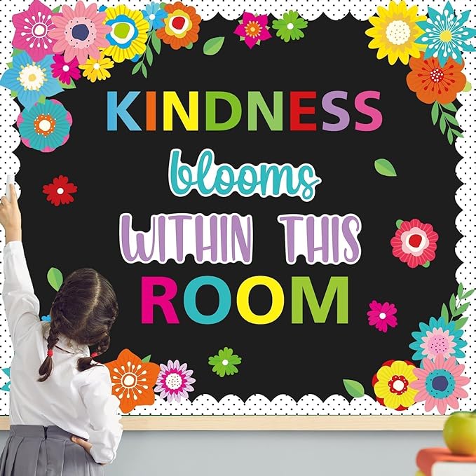 65pcs Spring Floral Classroom Bulletin Board Decoration Colorful Flower Kindness Blooms Flower Cutouts Floral Inspirational Bulletin Board for Spring Back to School Chalkboard Supplies Wall Decor