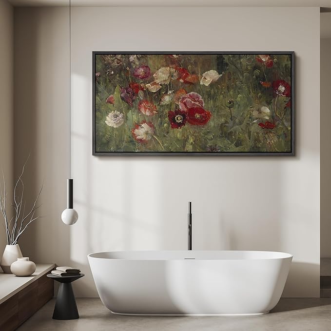 SIGNFORD Extra Large Framed Canvas Vintage Red and White Poppy Field Illustrations Modern Art Calm Warm for Living Room, Bedroom, Office - 60"x30"