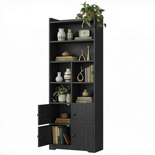 IRONCK Bookshelf with Doors, Book Shelf with Storage Shelves, 74.6 in Tall Bookcase for Home Office, Living Room, Bedroom, Black