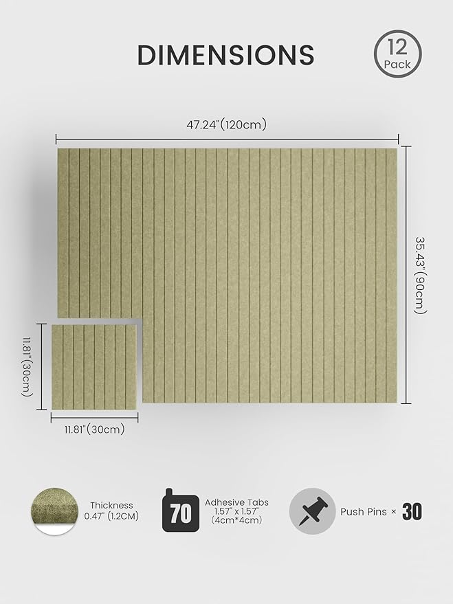 Bumusty Large Cork Board Alternative-48 x 36" Felt Bulletin Board Tiles, with 30 Pushpins, 70 Adhesive Tabs, 12-Pack Slat Wall Paneling, Cork Boards for Office Push Pin Board Felt Board-Olive Green