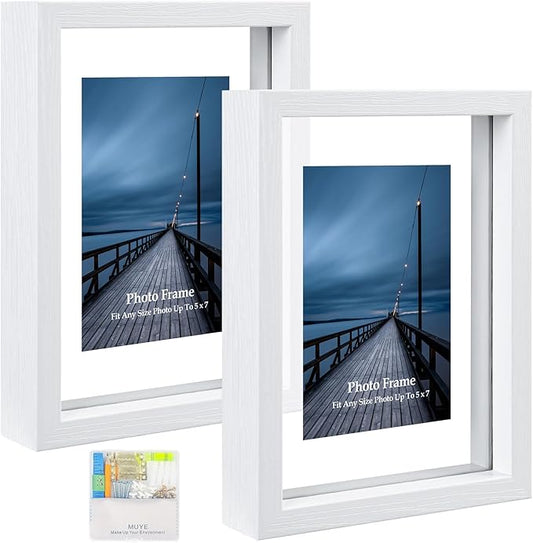 MUYE 5x7 Floating Frame Set of 2,Double Real Glass Photo Frame for Wall Hanging or Tabletop Standing,Also Display 4x6 or 3x5 Photo for Floating Effect,White