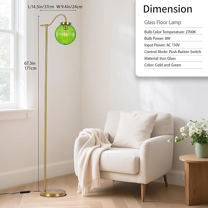 MAYNA Globe Floor Lamp, Emerald Green Round Glass Standing Lamp with Built-in Timer Switch, Gold Tall Vintage Lamps for Living Room Bedroom, 2700K LED Bulb Included