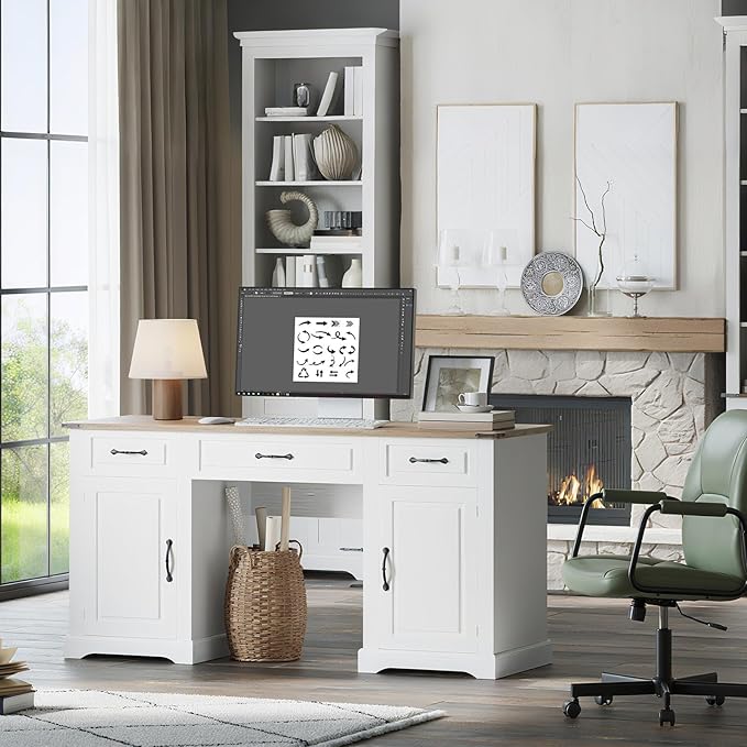 IDEALHOUSE 60" Farmhouse Executive Desk with Drawers, Wood Home Office Desk with Storage Cabinet, Rustic Computer Writing Desks for Home, Study, Work, Antique White