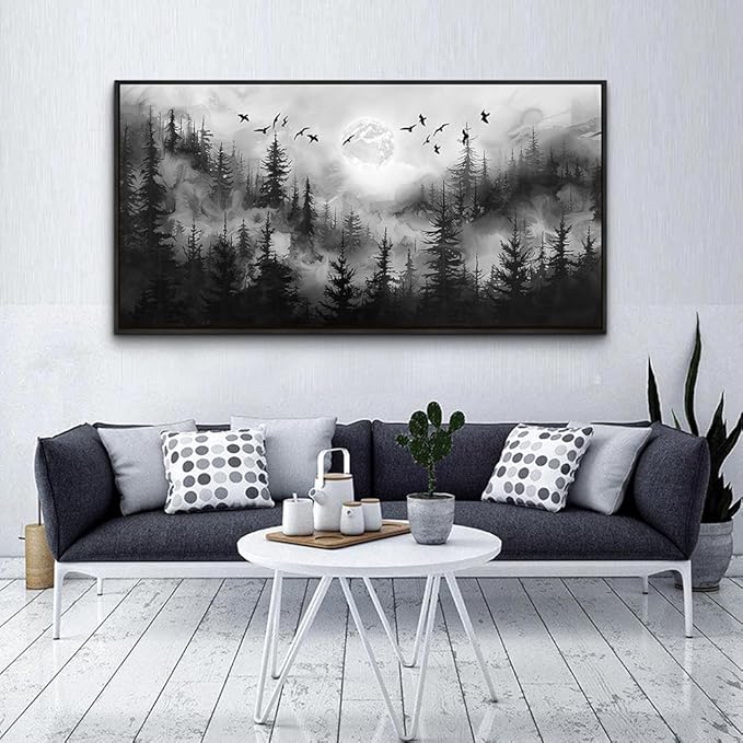 hyidecorart Forest Tree Painting for Living Room Landscape Wall Art Canvas Prints Natural Scenery Black and White Pictures Home Decor Bedroom Kitchen Office Large Wall Decor Black Framed Artwork