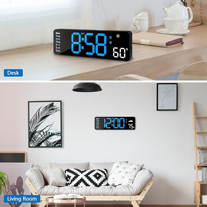 Digital Wall Clock with Remote Control, Large Display Plug in LED Digital Alarm Clocks with 12/24Hr, Date, Week, DST, Timing, Countdown, Temperature for Living Room, Bedroom, Office Wall Decor (Blue)