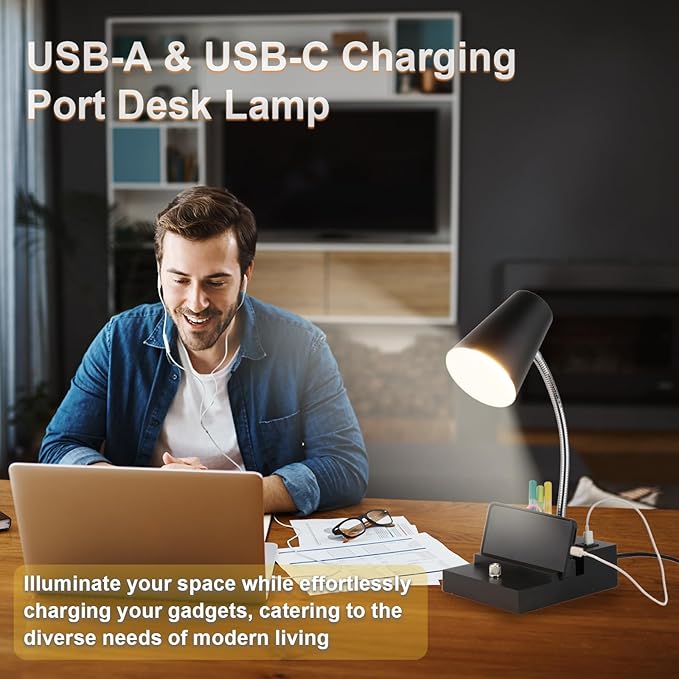 Study Desk Lamp with USB Charging and Type-C Night Light, Gooseneck LED Table Lamp Stepless Dimming Study Table Lamp with Pen Holder for College Dorm Bedroom and Office (Black)