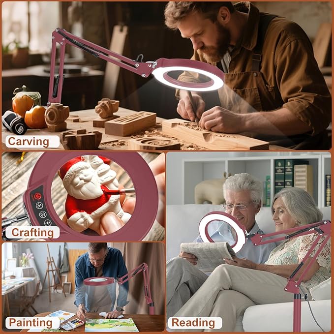 LANCOSC 10X Magnifying Glass with Light and Stand, 3-in-1 Adjustable Swing Floor Lamp, 5 Color Modes Stepless Dimmable, LED Lighted Hands Free Magnifier & Clamp for Reading, Crafts, Painting - Red