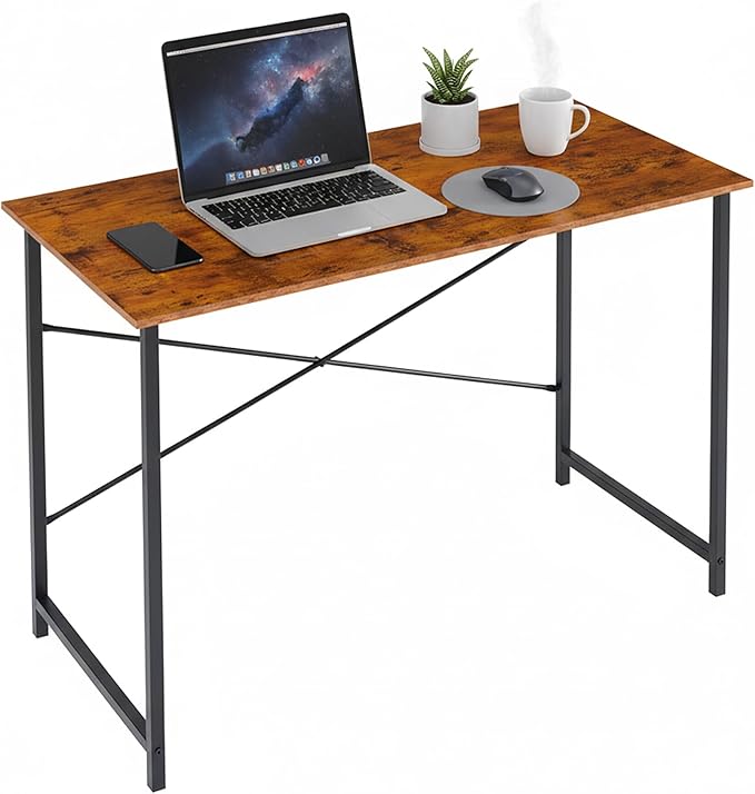 Computer Desk 44 Inch, Home Office Desk Simple Study Writing Table, Sturdy Metal Frame, Scratch-Resistant MDF Desktop for Bedroom Dorm Workspace Small Space, Brown