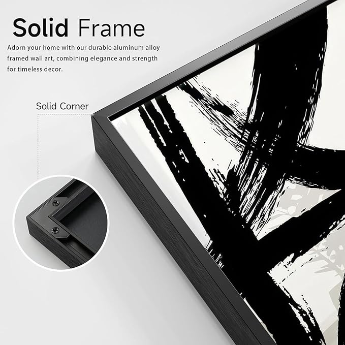 Set of 2 Framed Black and White Brush Stroke Canvas Wall Art Modern Abstract Minimalist Ink Line Painting Retro Mid-Century Geometric Poster Prints for Office Home Decor (16inx24in Framed)