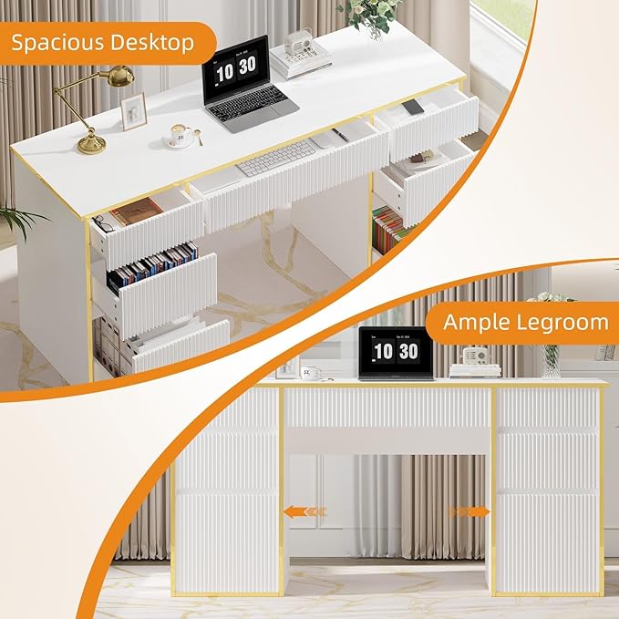 White Computer Desk with Drawers, 58 Inch Home Office Desk with 7 Drawers for Bedroom, Executive Desk with File Drawers for Small Spaces, White and Gold