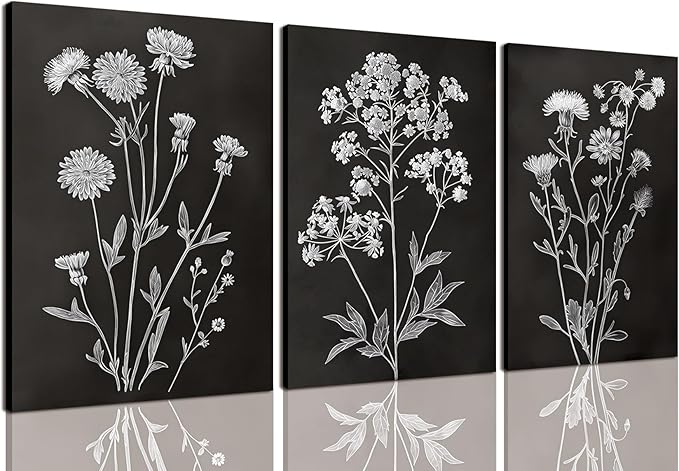 KISSFOX Floral Botanical Canvas Wall Art Vintage Black Background Plant Poster Prints Set of 3 Framed Grey and White Wildflower Painting Modern Farmhouse Decor Pictures Living Room Bathroom Bedroom(Black Floral, 12"x16" Canvas)