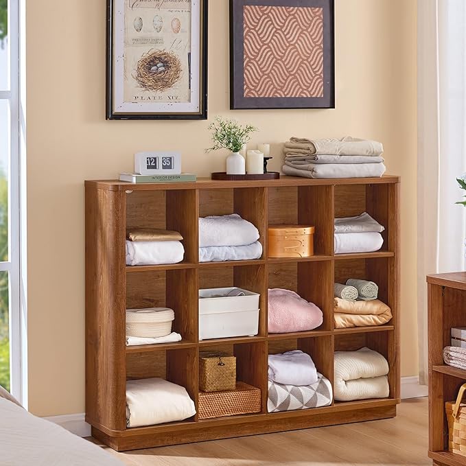 12 Cube Storage Organizer, 41" Wide Large Bookshelf with Curved Edge, Wood Floor Standing 3-Tier Cubby Bookcase w/Base, Rustic Display Storage Cabinet, Book Case for Home Office, Brown