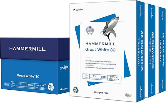 Hammermill Printer Paper, Great White 30% Recycled Paper, 8.5 x 11 - 3 Ream (1,500 Sheets) - 92 Bright, Made in the USA