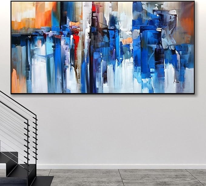 ZHMANLUCK Blue Abstract Wall Art Extra Large Painting Artwork for Office Wall Decor Home Decoration Stretched and Framed Ready to Hang 70x140cm/(28x55inch) with-Black-Frame