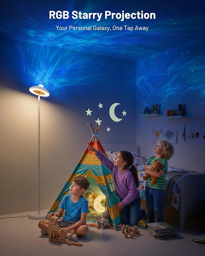 RGB Floor Lamp with Star Projector & Remote Control, Dimmable LED Standing Tall Lamp 15W, Stepless Adjustable 3000-6000K Color, 69" Modern White Corner Torchiere Light for Bedroom, Living Room