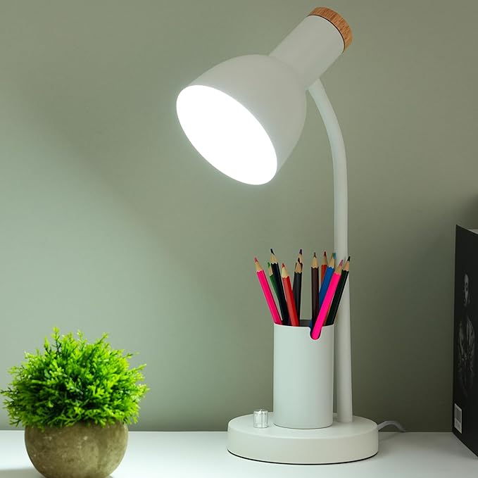 Desk Lamp with Pen Holder, Green, Wood Accent, Adjustable Gooseneck, Modern Study Light (White)