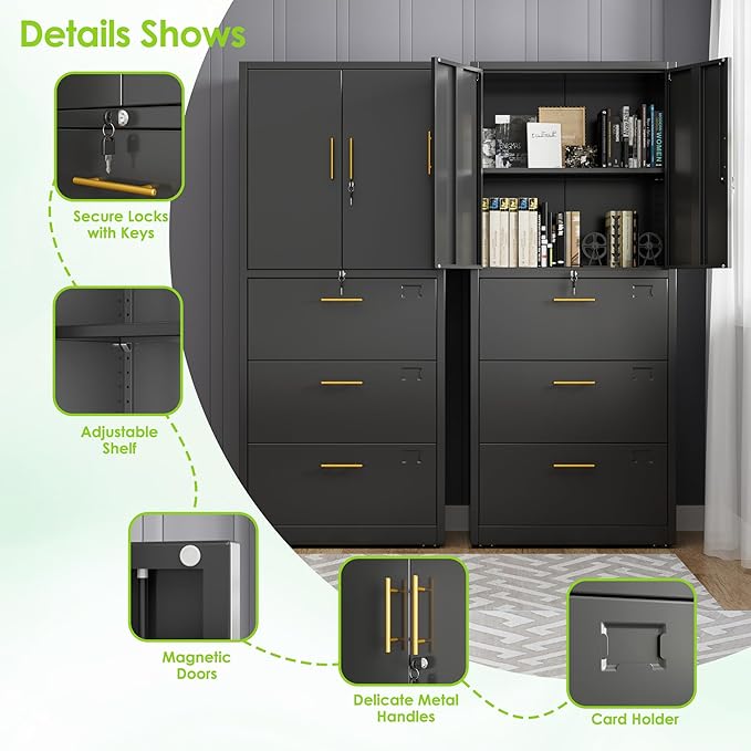Office File Cabinet with 3 Drawers,Metal Filing Cabinet with Doors for Home Office School for Hanging Letter/Legal/F4/A4 Size Folders,Required Assembly,Black