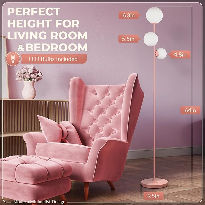 Soilsiu 3 Globe Floor Lamp - Mid Century Modern Standing Light with 3 Color Temperatures, LED Bulbs, Frosted Glass Shades for Living Room (Pink)