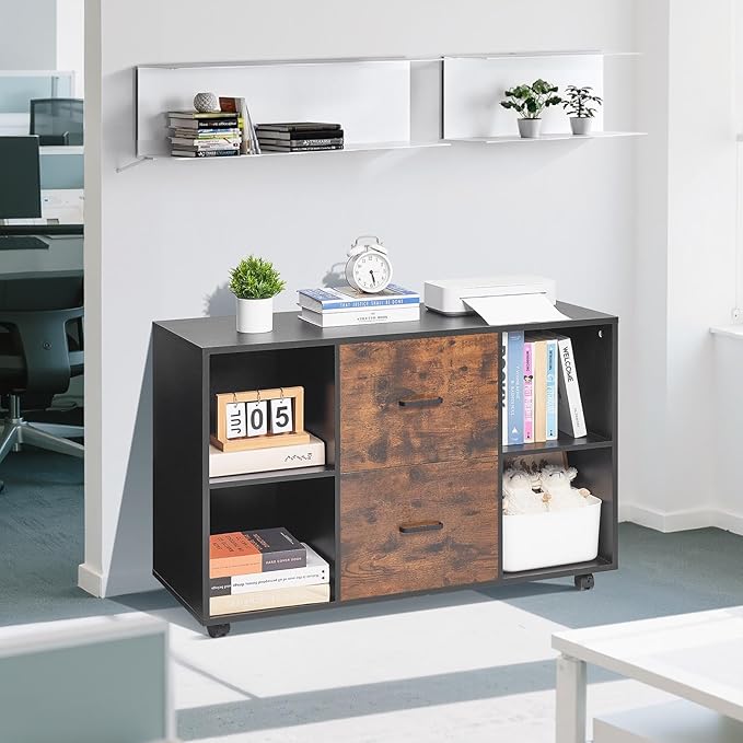 VEVOR 2 Drawer Wooden File Cabinet, Mobile Filing Cabinet with Open Shelves, Lateral Rolling File Storage with Lockable Wheels, Modern Free Standing Printer Stand for Home, Office, School, Black