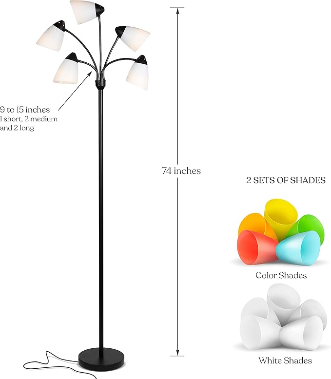 Brightech Medusa LED Floor Lamp – Multi-Head Dimmable Floor Lamp for Living Rooms & Offices – Tall Lamp with Interchangeable Shades, Adjustable Standing Lamp for Bedroom Reading – Black