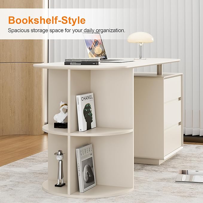 Qulomvs Desk with Drawers, 55inch Home Office White Desk with Drawers and Storage Shelves, Cream White Modern Simple Style Laptop Desk, Work Study Writing Table Workstation for Home Office