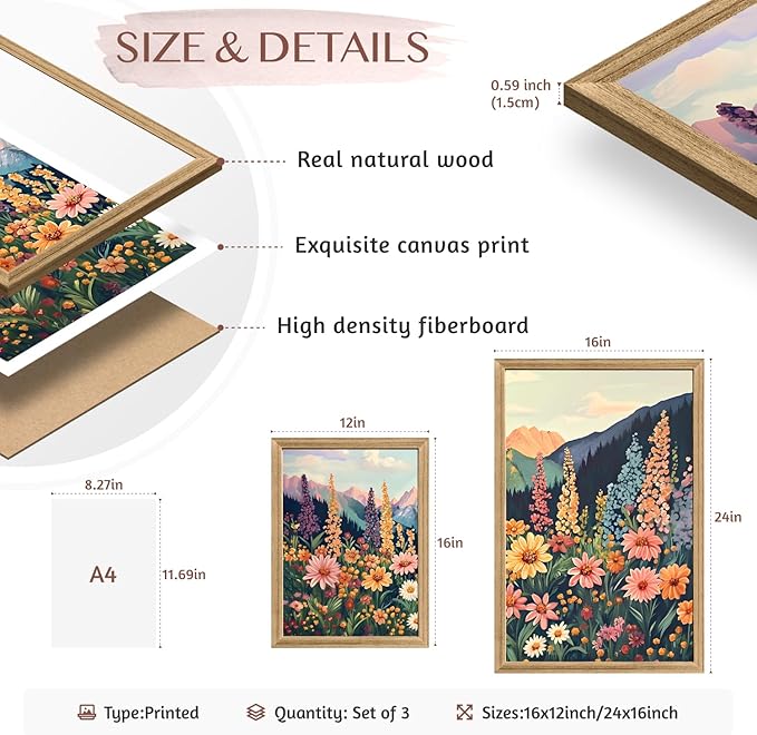 Hianan Mount Daisy Wildflower Landscape Wall Art, Colorful Floral Wall Decor, Boho Sunset Landscape Canvas Painting, Bright Botanical Poster Prints for Living Room Bedroom Wood Framed 16"x24"x3