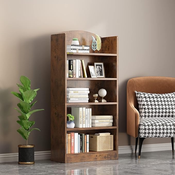 5 Shelf Bookcase Bookshelf, Open Bookcase Storage Shelves Floor Standing Unit Display Rack Mid-Century Modern Bookcase Retro Wood Bookshelves Storage Organizer Shelf for Bedroom,Living Room