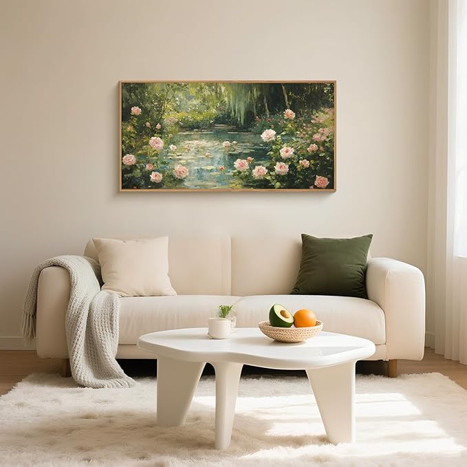 Aryroi Water Lilies Monet Framed Canvas Wall Art Set,Garden Pond Impressionist Floral Wall Decor,Vintage Oil Green Vibrant Flower Botanical Artwork for Living Room, Bedroom,Farmhouse-40 x20 x1