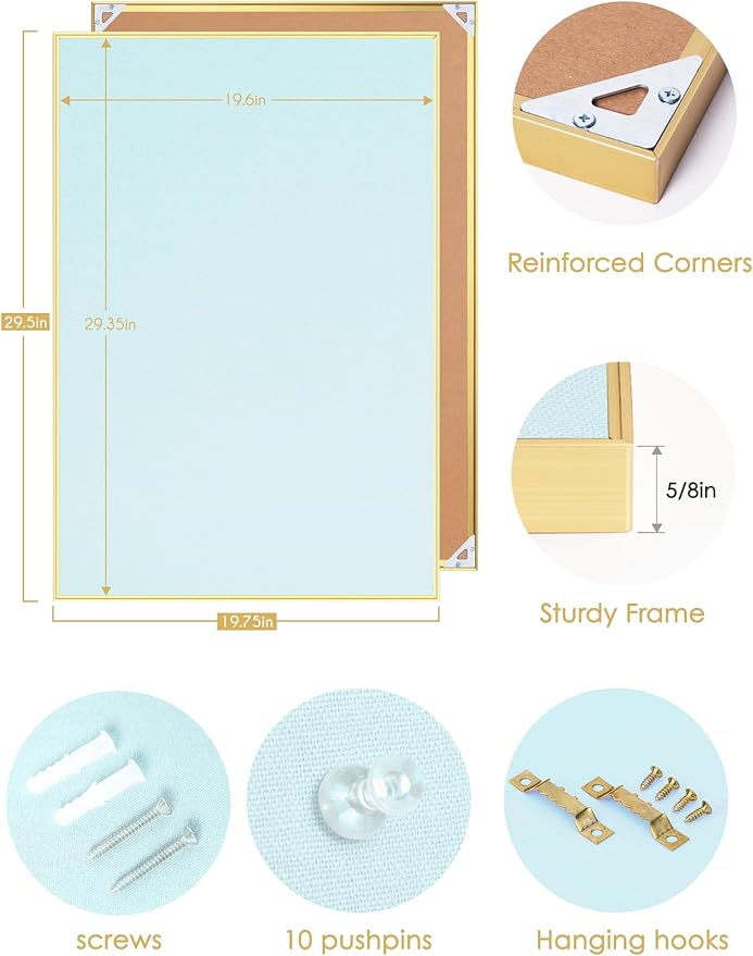 Bulletin Board 30 x 20 inches, Light Blue Pin Board, Golden Aluminum Framed Fabric Cork Board with 10 Push Pins