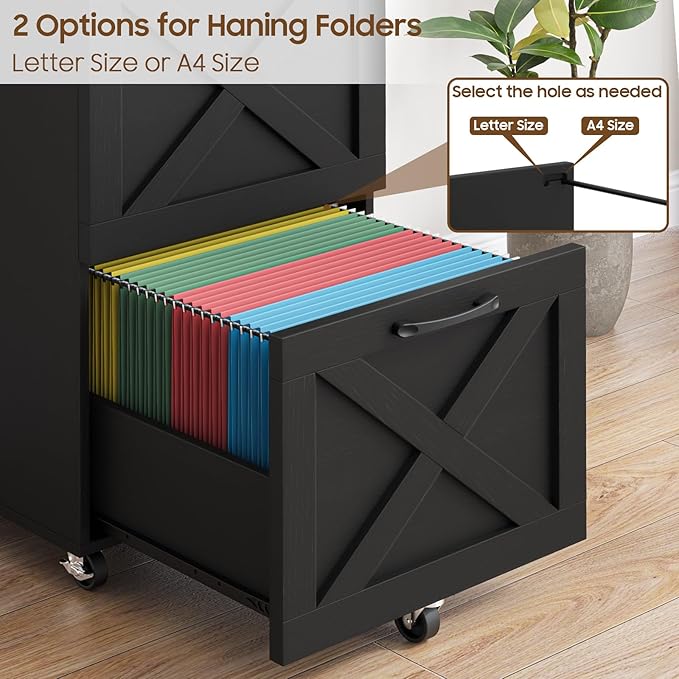 3 Drawer Tall File Cabinet with Wheels, Farmhouse Vertical Filing Cabinet Fits Letter/A4 Size, Rolling File Cabinets Wooden Printer Stand for Home Office, Black